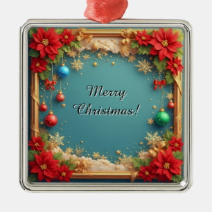 Christmas Wreath with Poinsettias Metal Ornament