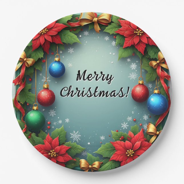 Christmas Wreath with Poinsettias Paper Plate (Front)