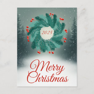 Christmas Wreath with Red Berries and Forest Holiday Postcard