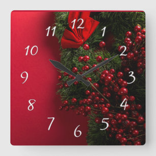 christmas wreath with red berries      square wall clock