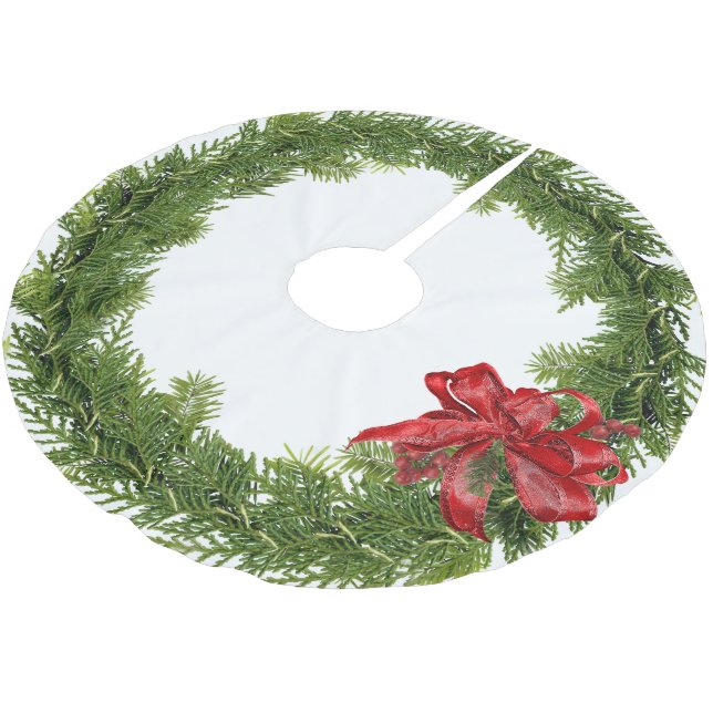 Christmas Wreath With Red Bow and Berries Brushed Polyester Tree Skirt (Angled)