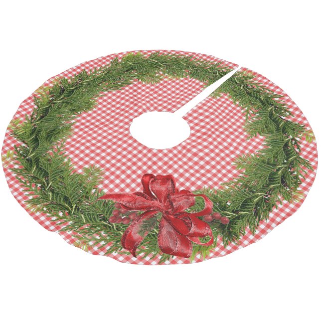 Christmas Wreath With Red Bow O Gingham Brushed Polyester Tree Skirt (Angled)