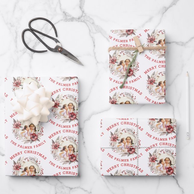 Christmas wreath with red flowers and photo wrapping paper sheet (Front)