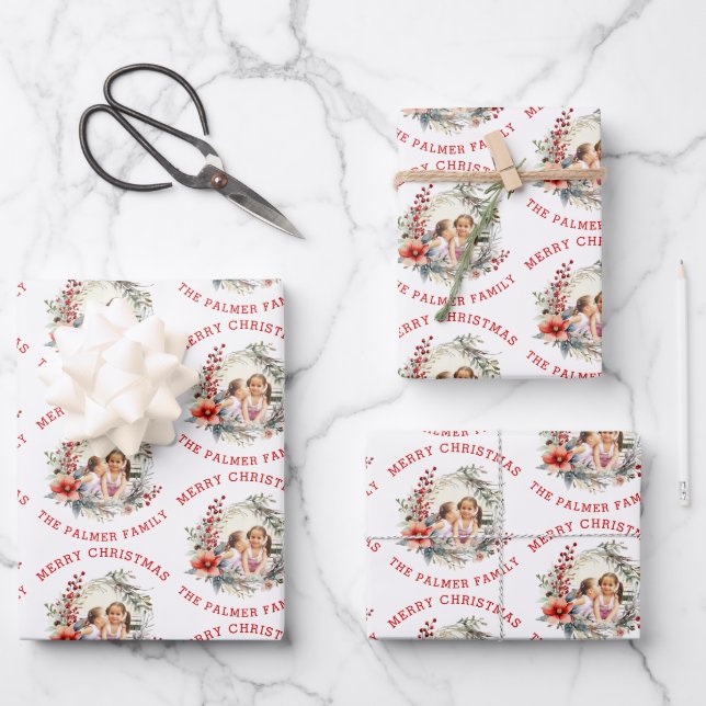 Christmas wreath with red flowers and photo wrapping paper sheet (Front)
