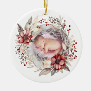 Christmas wreath with red flowers, berries photo ceramic ornament