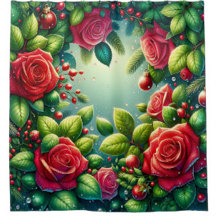 “Christmas Wreath with Roses and Raindrops" Shower Curtain