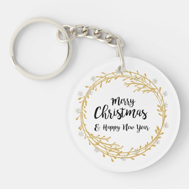 Christmas wreath with silver glitter snowflakes key ring (Front)