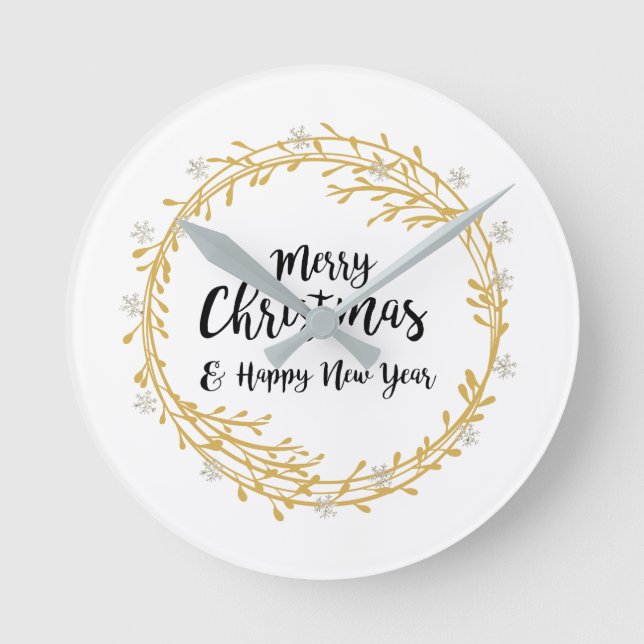 Christmas wreath with silver glitter snowflakes round clock (Front)