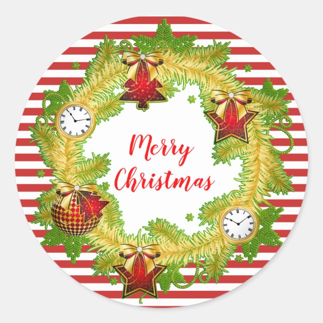 Christmas Wreath with Stripes Classic Round Sticker (Front)
