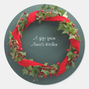 Christmas wreath with velvet ribbon classic round sticker
