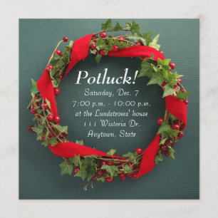 Christmas wreath with velvet ribbon potluck invitation