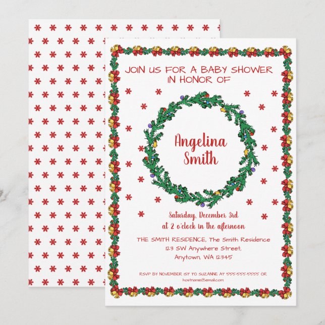 Christmas Wreaths & Garland Baby Shower Invitation (Front/Back)