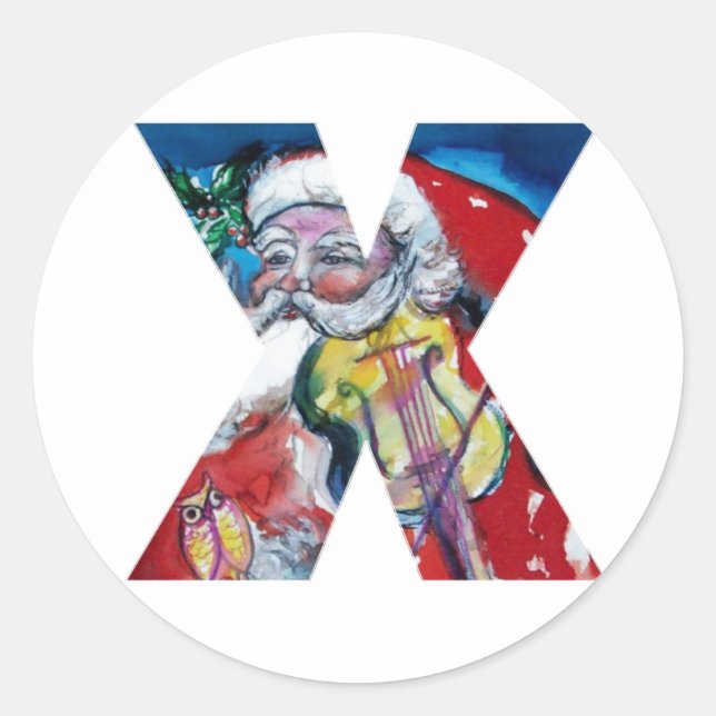 CHRISTMAS X LETTER  / SANTA WITH VIOLIN MONOGRAM CLASSIC ROUND STICKER (Front)