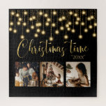 Christmas Xmas 3 Photo Collage Rustic Lights Jigsaw Puzzle<br><div class="desc">“Christmas time” in beautiful script on a black background. Add your photos with 3 of your own.  Gold faux string lights/ lanterns hanging down.  Change the year and what a fun family puzzle. A perfect gift.</div>