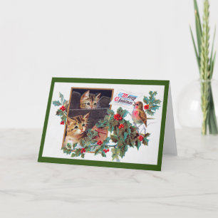 Christmas, Xmas Kitten and Little Bird Card
