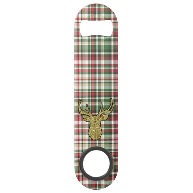 Christmas XMAS Plaid Tartan Gold Deer Bottle Opene (Front)