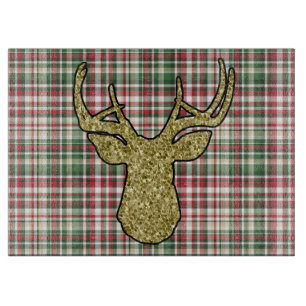 Christmas XMAS Plaid Tartan Gold Deer Buck Glass Cutting Board