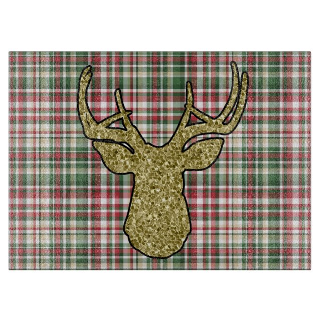Christmas XMAS Plaid Tartan Gold Deer Buck Glass Cutting Board (Front)