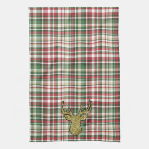 Christmas XMAS Plaid Tartan Gold Deer Hand Towel