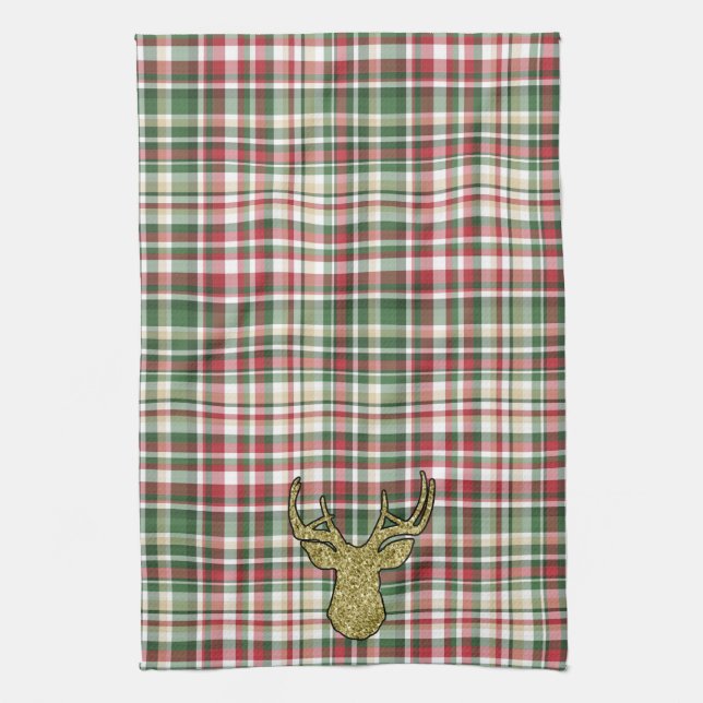 Christmas XMAS Plaid Tartan Gold Deer Hand Towel (Vertical)