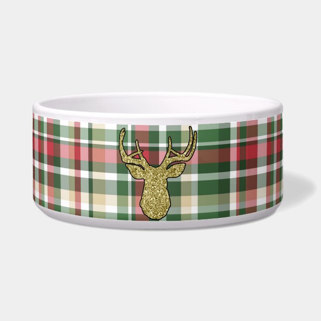Christmas XMAS Plaid Tartan Gold Deer Pet Bowls (Front)