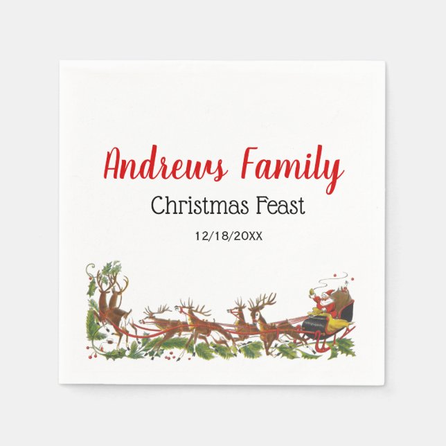 Christmas Xmas Santa Sleigh Reindeer Border Napkin (Front)
