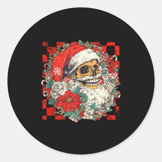 Christmas Xmas Vibes Skull Santa Lover Mistletoe H Classic Round Sticker (Front)
