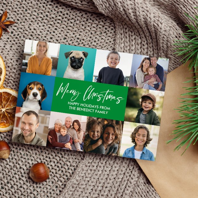 CHRISTMAS YEAR IN REVIEW 10 PHOTOS BLUE PINES HOLIDAY CARD (GREEN TEN PHOTOS FAMILY POSTCARD WITH CALLIGRAPHY ACCENT AND FAMILY NAME. BEST INSTAGRAM PHOTOS)