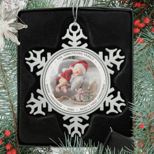 Christmas Year Your Photo Golden Glitter Snowflake Pewter Christmas Ornament