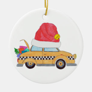 Christmas yellow cab with gifts ceramic ornament