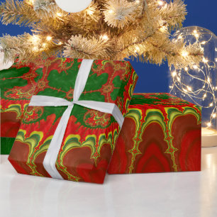CHRISTMAS ~ Yellow Fractal Pattern Green Red ~  Wrapping Paper