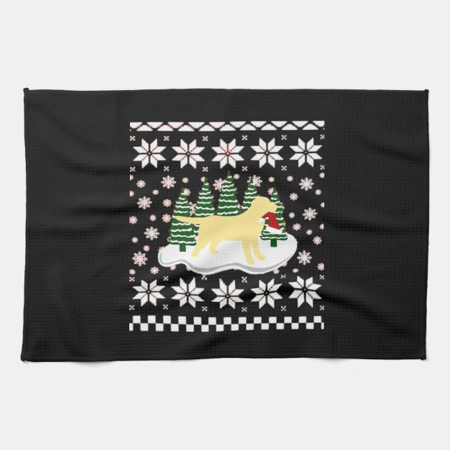 Christmas Yellow Labrador Silhouette Santa Hat Cla Tea Towel (Horizontal)