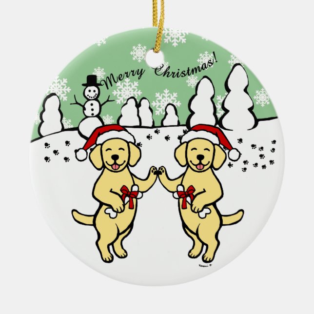 Christmas Yellow Labradors Cartoon Ceramic Tree Decoration (Front)