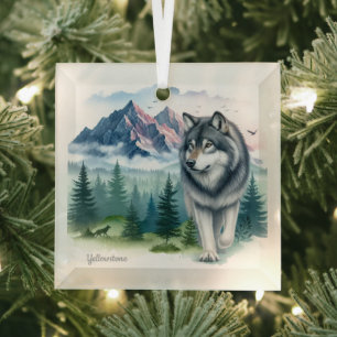 Christmas Yellowstone Wolf Glass Ornament