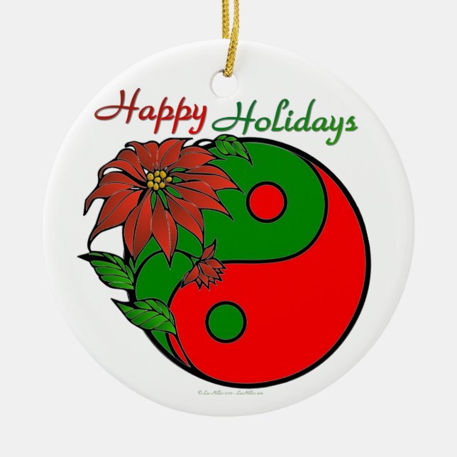 Christmas Yin Yang Poinsettia Ceramic Tree Decoration (Front)