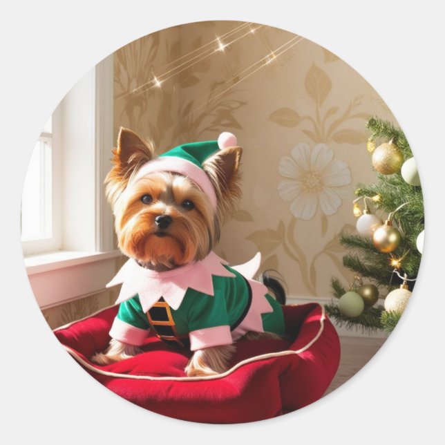 Christmas Yorkie Classic Round Sticker (Front)