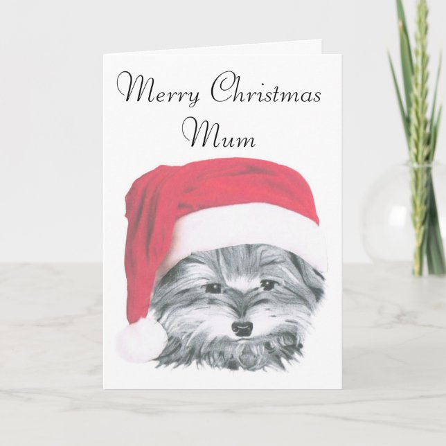 Christmas Yorkie Dog, Merry Christmas Mum Card (Front)