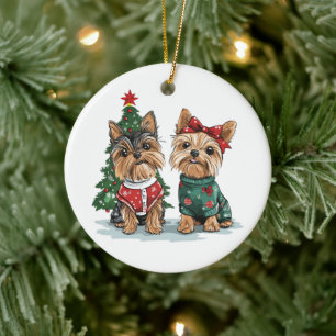 Christmas Yorkie Dogs Ceramic Ornament
