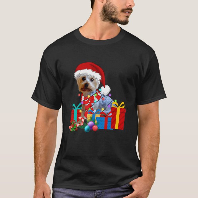 Christmas Yorkshire Terrier Dog Xmas Lights Santa  T-Shirt (Front)