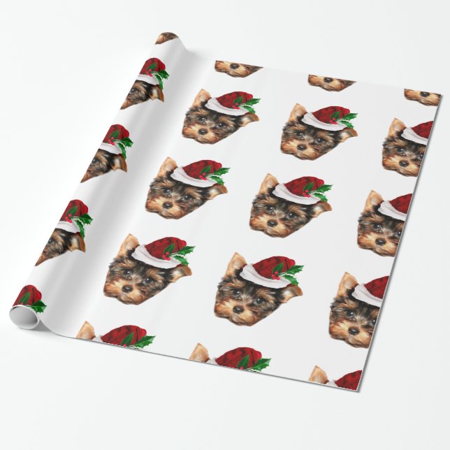 Christmas Yorkshire Terrier white wrapping paper (Unrolled)