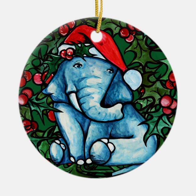 Christmas Yule Elephant with Holly Ceramic Ornament (Front)