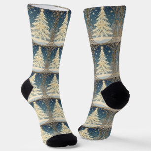 Christmas Yule Tree Snowflake Branches Art Nouveau Socks