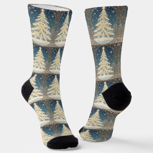 Christmas Yule Tree Snowflake Branches Art Nouveau Socks (Angled)