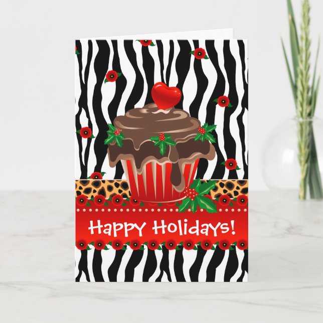 Christmas Zebra Cupcake Leopard Heart Holiday Card (Front)