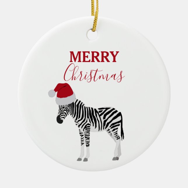 Christmas Zebra Funny Animal with Santa Hat Ceramic Ornament (Front)