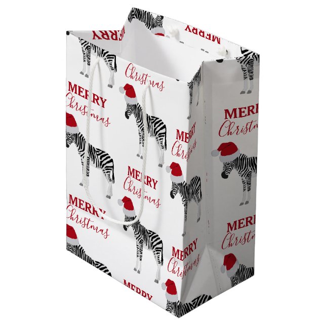 Christmas Zebra Funny Animal with Santa Hat Medium Gift Bag (Front Angled)