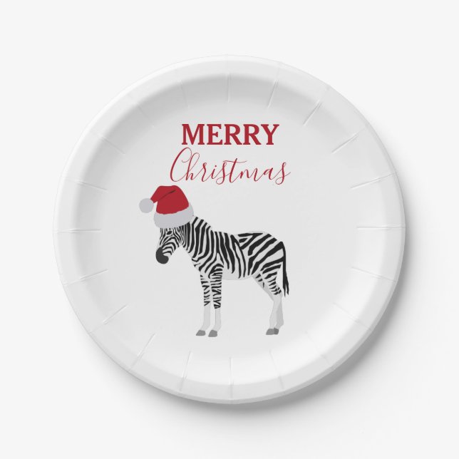 Christmas Zebra Funny Animal with Santa Hat  Paper Plate (Front)