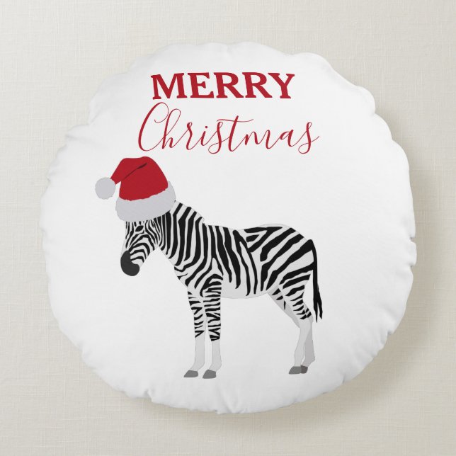 Christmas Zebra Funny Animal with Santa Hat  Round Cushion (Front)