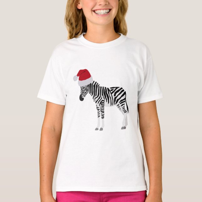 Christmas Zebra Funny Animal with Santa Hat T-Shirt (Front)