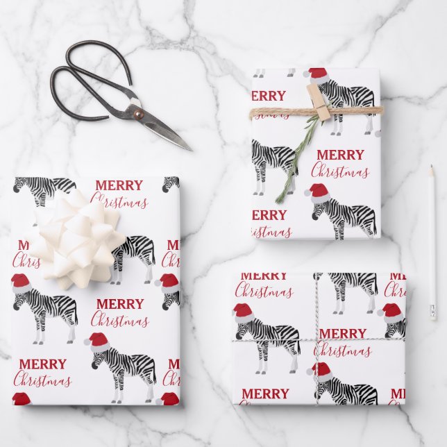 Christmas Zebra Funny Animal with Santa Hat Wrapping Paper Sheet (Front)